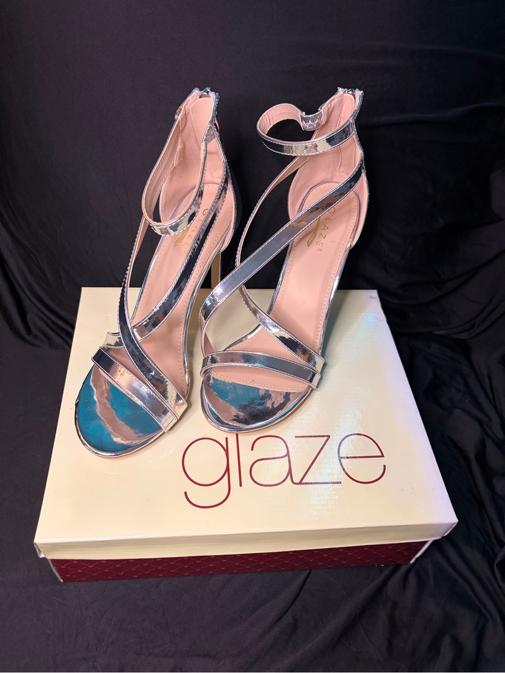 Glaze Shiny Silver Strappy Stiletto Sandals